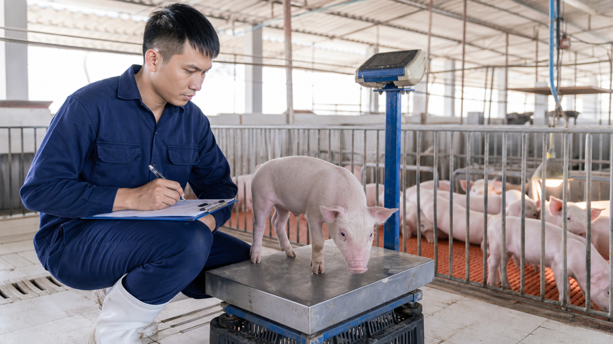 Cán bộ kỹ thuật cân heo con và ghi số liệu tăng trọng theo lô tại chuồng cai sữa. Ảnh minh họa