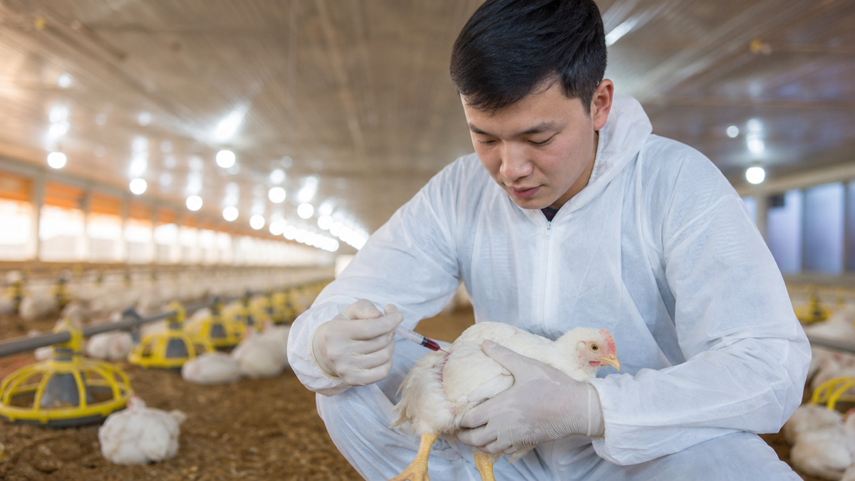 Kỹ thuật viên lấy mẫu máu gà thịt trong trại phục vụ chăn nuôi gà chính xác