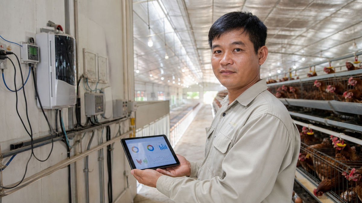 Người quản lý trại gà xem dữ liệu sức khỏe đàn trên máy tính bảng ngay tại chuồng nuôi. Ảnh minh họa