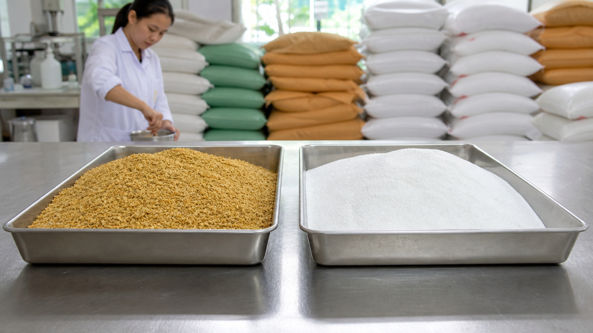 Khô đậu tương và axit amin tổng hợp trong khay nguyên liệu tại xưởng trộn thức ăn, minh họa việc giảm protein thô