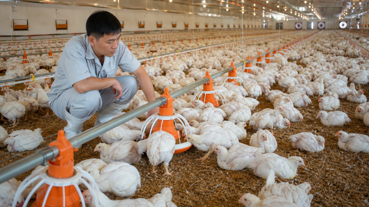 Cán bộ kỹ thuật quan sát đàn gà thịt ăn tại máng để đánh giá lượng ăn đầu kỳ. Ảnh minh họa