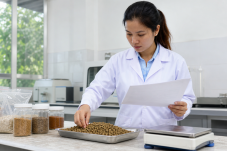 Kỹ thuật viên đối chiếu bảng chỉ tiêu dinh dưỡng với mẫu cám trong phòng kiểm nghiệm, minh họa nhu cầu axit amin