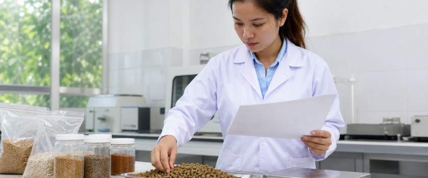 Kỹ thuật viên đối chiếu bảng chỉ tiêu dinh dưỡng với mẫu cám trong phòng kiểm nghiệm, minh họa nhu cầu axit amin