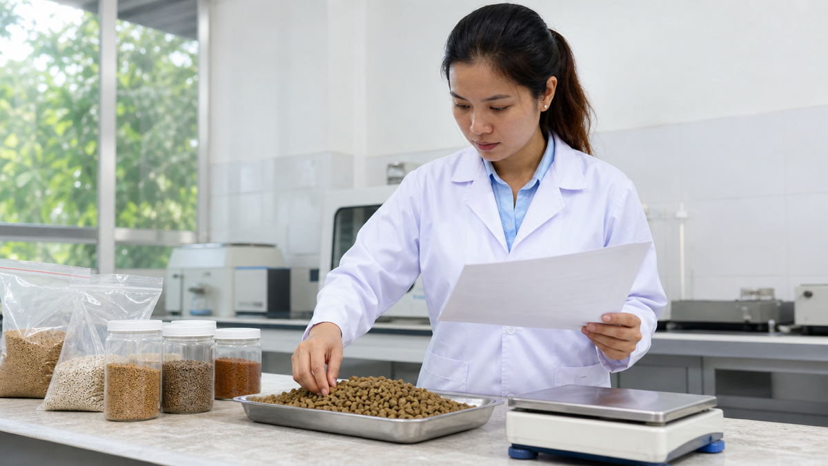 Kỹ thuật viên đối chiếu bảng chỉ tiêu dinh dưỡng với mẫu cám trong phòng kiểm nghiệm, minh họa nhu cầu axit amin