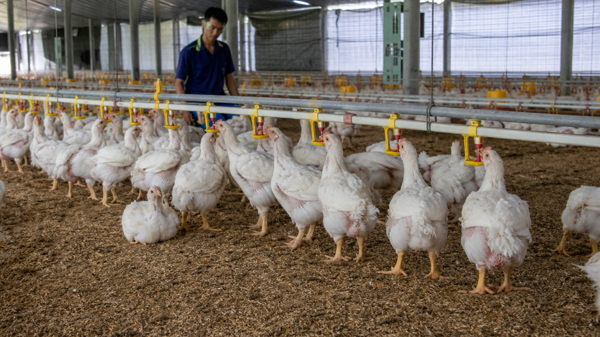 Đàn gà thịt uống nước tại đường núm uống trong chuồng nuôi, minh họa quản lý nước uống cho gà