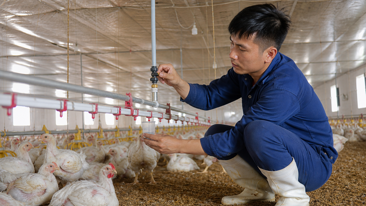 Kỹ thuật viên kiểm tra độ cao và áp lực đường núm uống trong chuồng gà. Ảnh minh họa