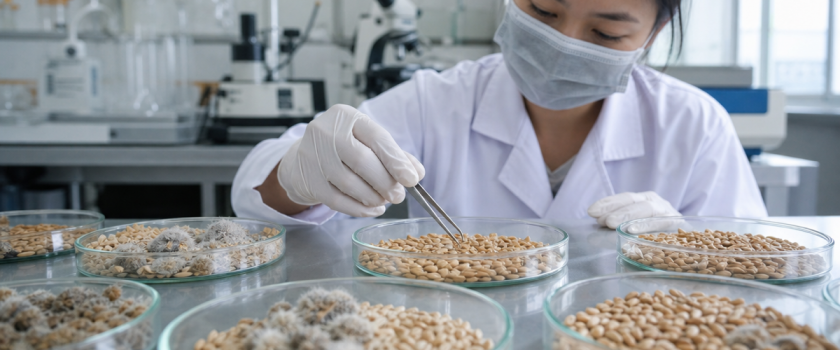 Mẫu lúa mì nhiễm nấm mốc được kiểm tra trong phòng thí nghiệm để đo độc tố nấm mốc DON