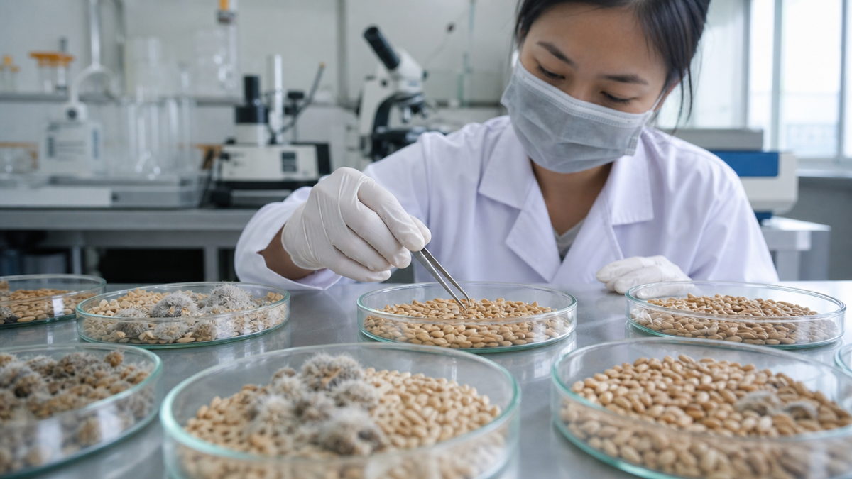 Mẫu lúa mì nhiễm nấm mốc được kiểm tra trong phòng thí nghiệm để đo độc tố nấm mốc DON