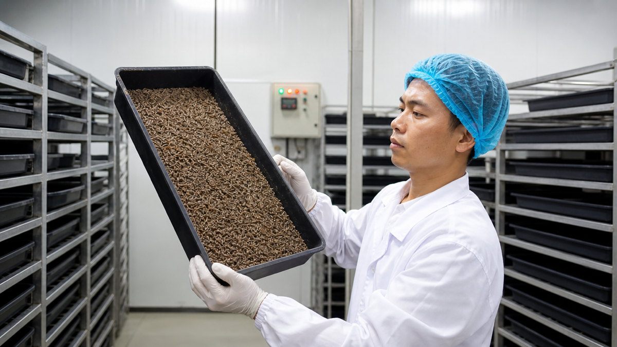 Công nhân kiểm tra khay ấu trùng trong nhà nuôi côn trùng khép kín. Ảnh minh họa