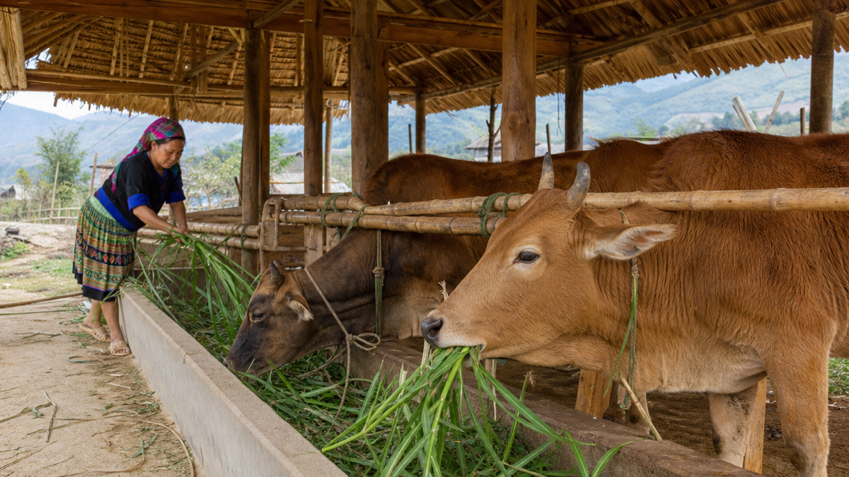 Bò H'Mông trong chuồng nuôi vùng cao với nguồn thức ăn thô xanh