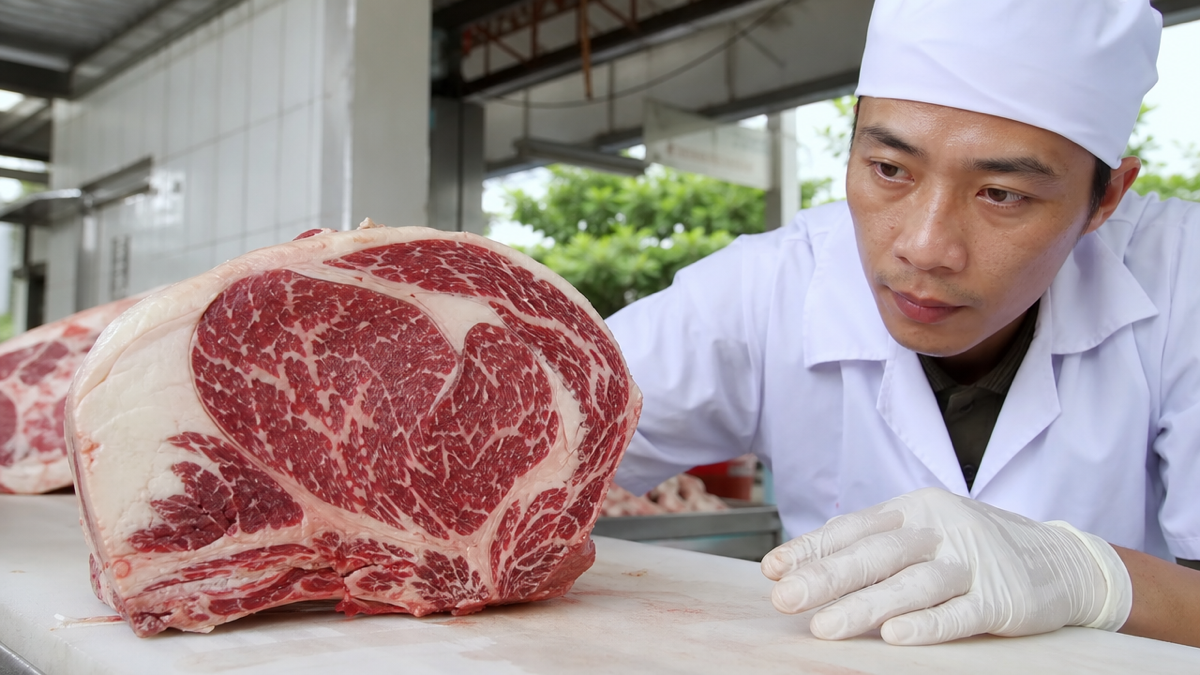 Mặt cắt thịt bò với các vân mỡ được kiểm tra tại cơ sở giết mổ