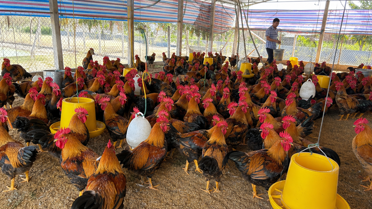 Đàn gà thịt lông màu trong chuồng nuôi thông thoáng, minh họa lysine cho gà thịt giai đoạn 43 đến 84 ngày. Ảnh minh họa