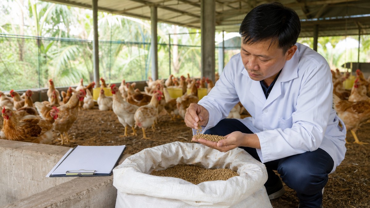 Kỹ thuật viên kiểm tra mẫu cám và bảng thành phần khẩu phần cho đàn gà thịt lông màu. Ảnh minh họa