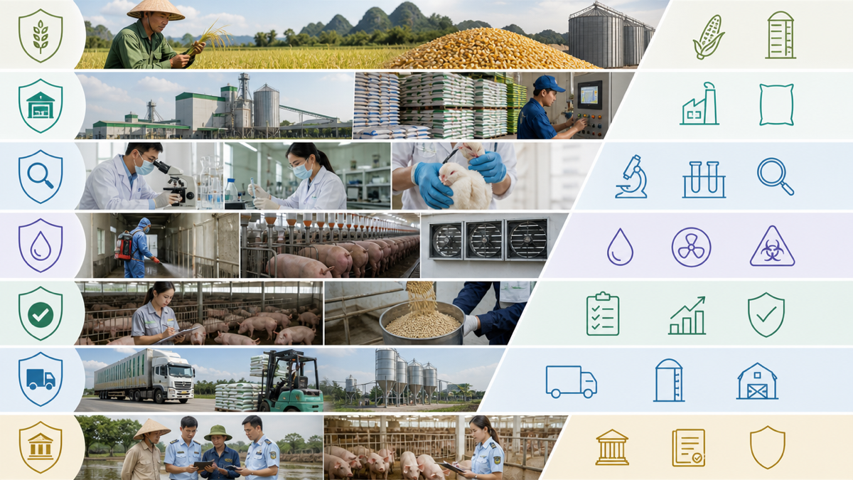 Sơ đồ bảy lớp rào chắn kiểm soát mối nguy trong chuỗi thức ăn chăn nuôi. Ảnh minh họa