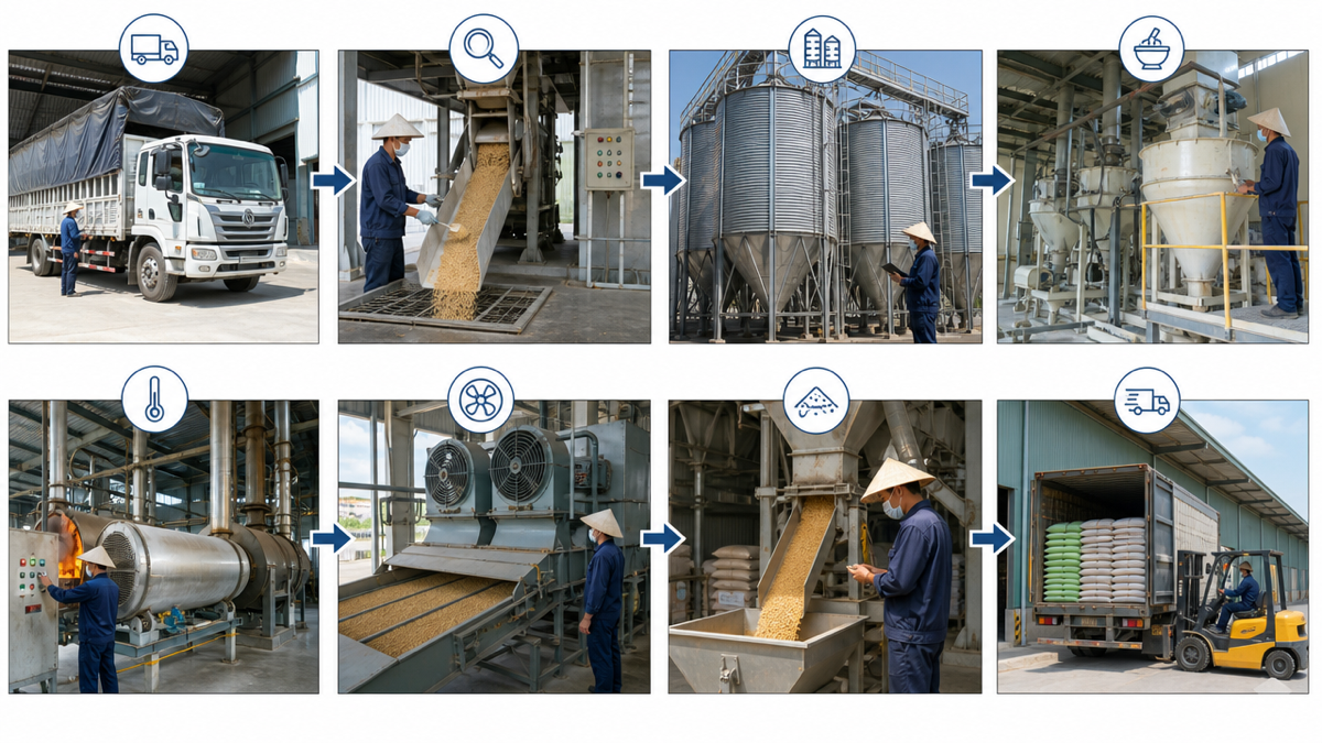 Các công đoạn từ nhận nguyên liệu đến vận chuyển tại nhà máy thức ăn chăn nuôi. Ảnh minh họa