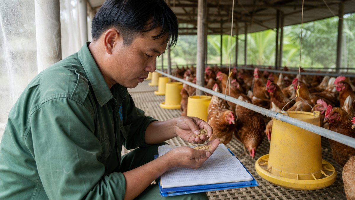 Kỹ thuật viên kiểm tra mẫu thức ăn và ghi số trứng của đàn gà đẻ trong trại, ảnh minh họa