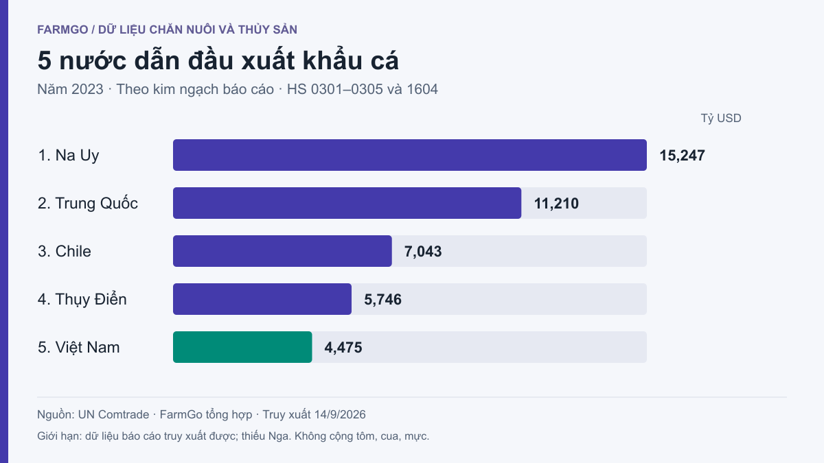 Biểu đồ kim ngạch cá của năm nước dẫn đầu trong dữ liệu báo cáo năm 2023