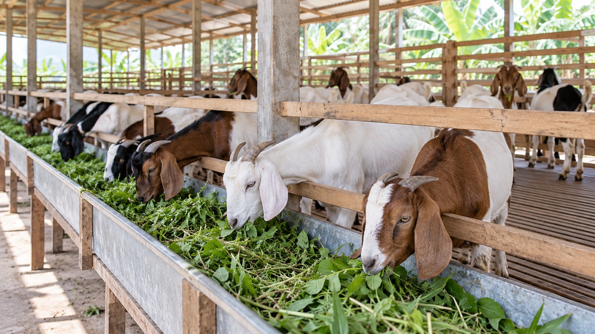 Đàn dê ăn thức ăn xanh trong chuồng thông thoáng, minh họa chăn nuôi theo tiêu chuẩn Halal. Ảnh minh họa