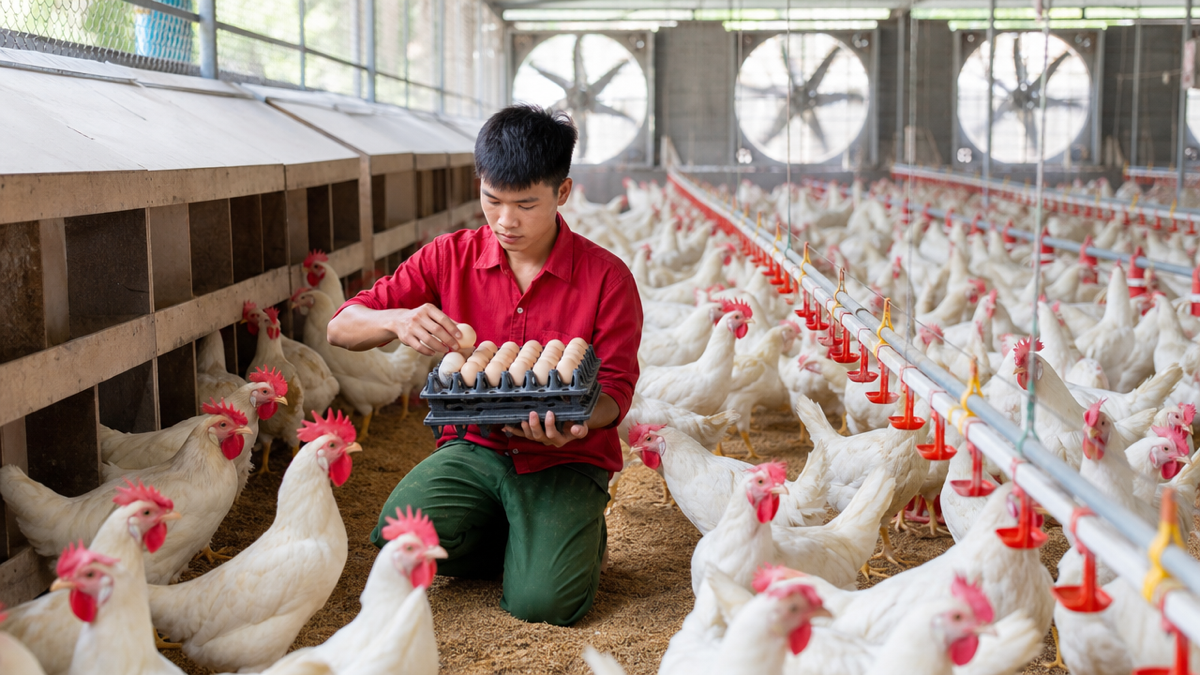 Chuyển đổi số ngành trứng tại trại gà đẻ nuôi nền có quạt hút và máng uống tự động