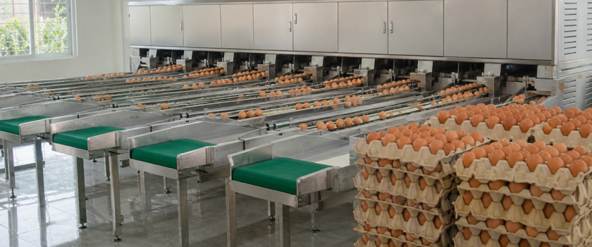 Dây chuyền máy phân loại trứng bằng inox với băng tải đưa trứng gà vào các làn theo trọng lượng. Ảnh minh họa
