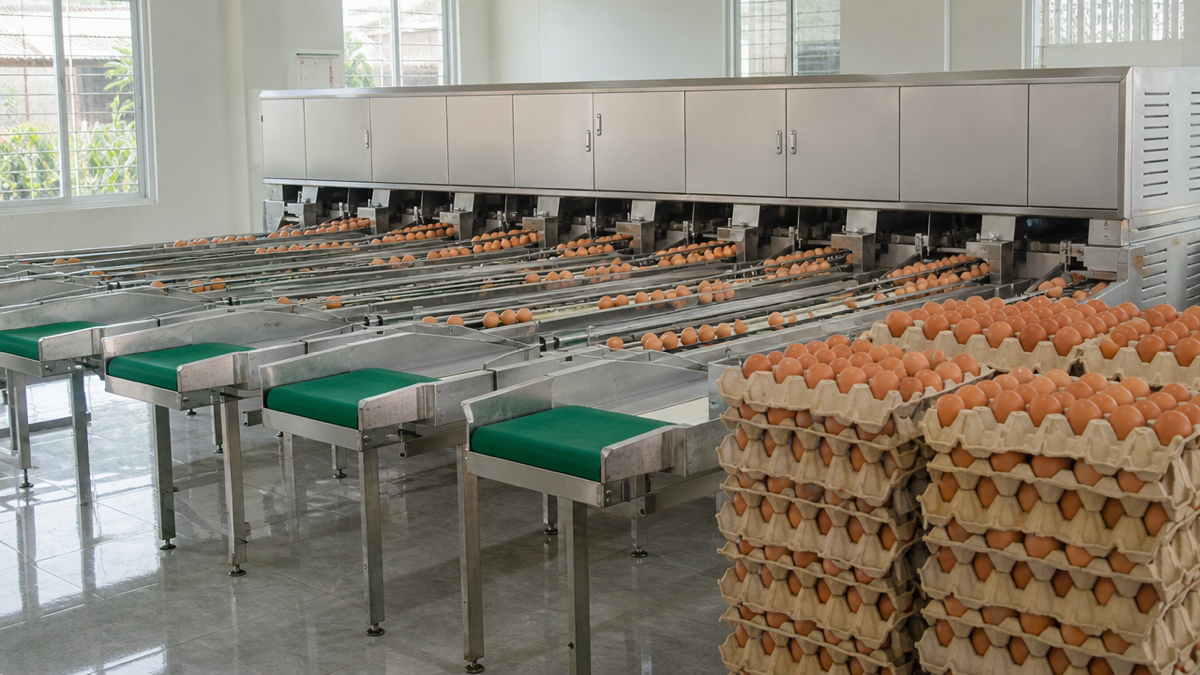 Dây chuyền máy phân loại trứng bằng inox với băng tải đưa trứng gà vào các làn theo trọng lượng. Ảnh minh họa