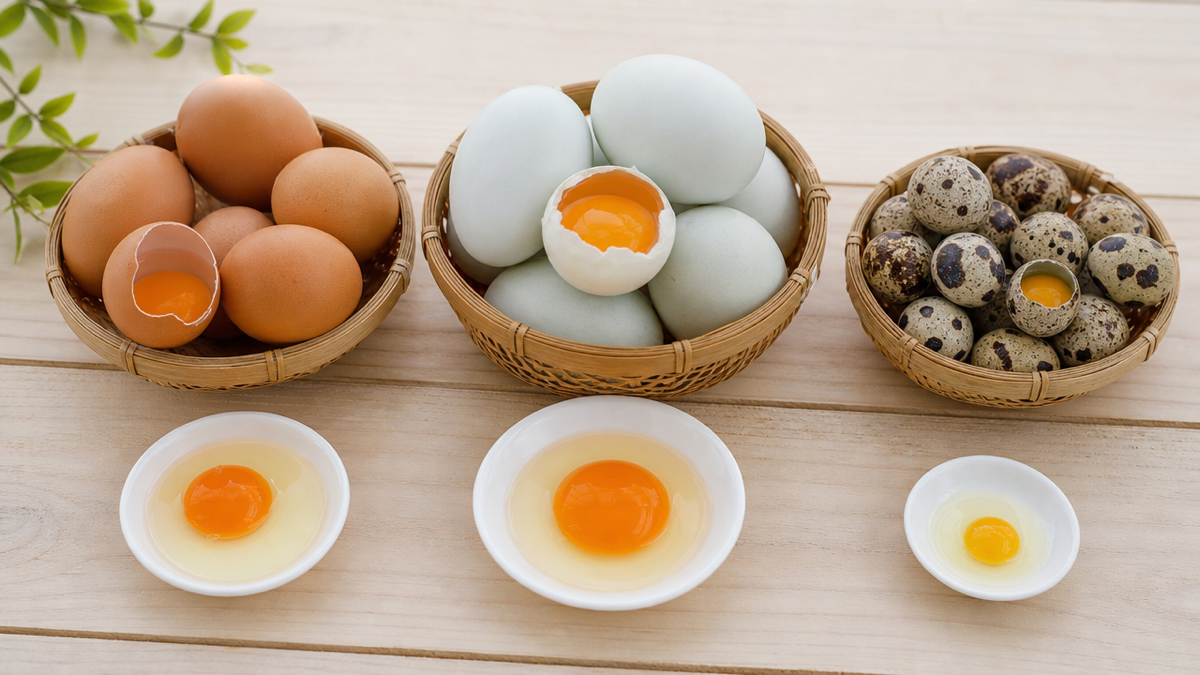 Trứng gà, trứng vịt và trứng cút đặt cạnh nhau để so sánh. Ảnh minh họa