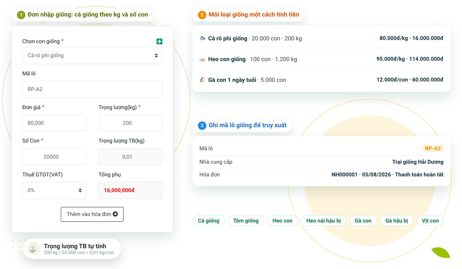 Ứng dụng quản lý nhập hàng: nhập cá giống theo kg và số con, heo con, gà con, mã lô giống