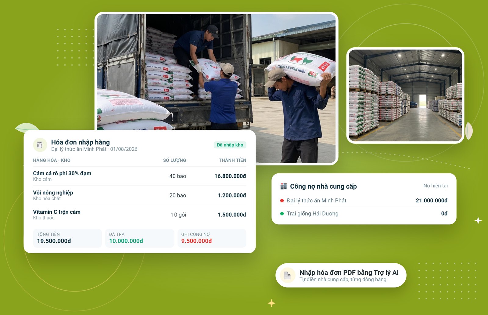 Ứng dụng quản lý nhập hàng FarmGo: hóa đơn nhập cám, thuốc, công nợ nhà cung cấp